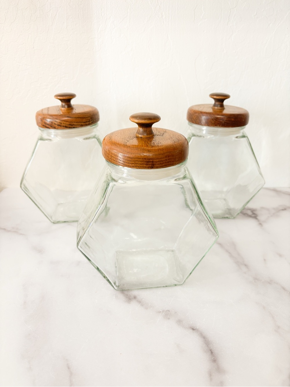 Vintage MCM Glass Hexagon Pantry Candy/Storage Jars with Wood Lids Set of 3